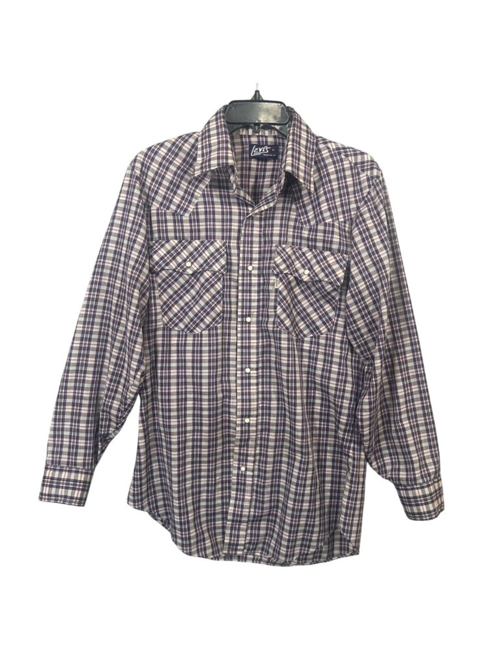 Vintage Levis Mens Size M Plaid Pearl Snap Shirt LS Purple/White USA Made GUC